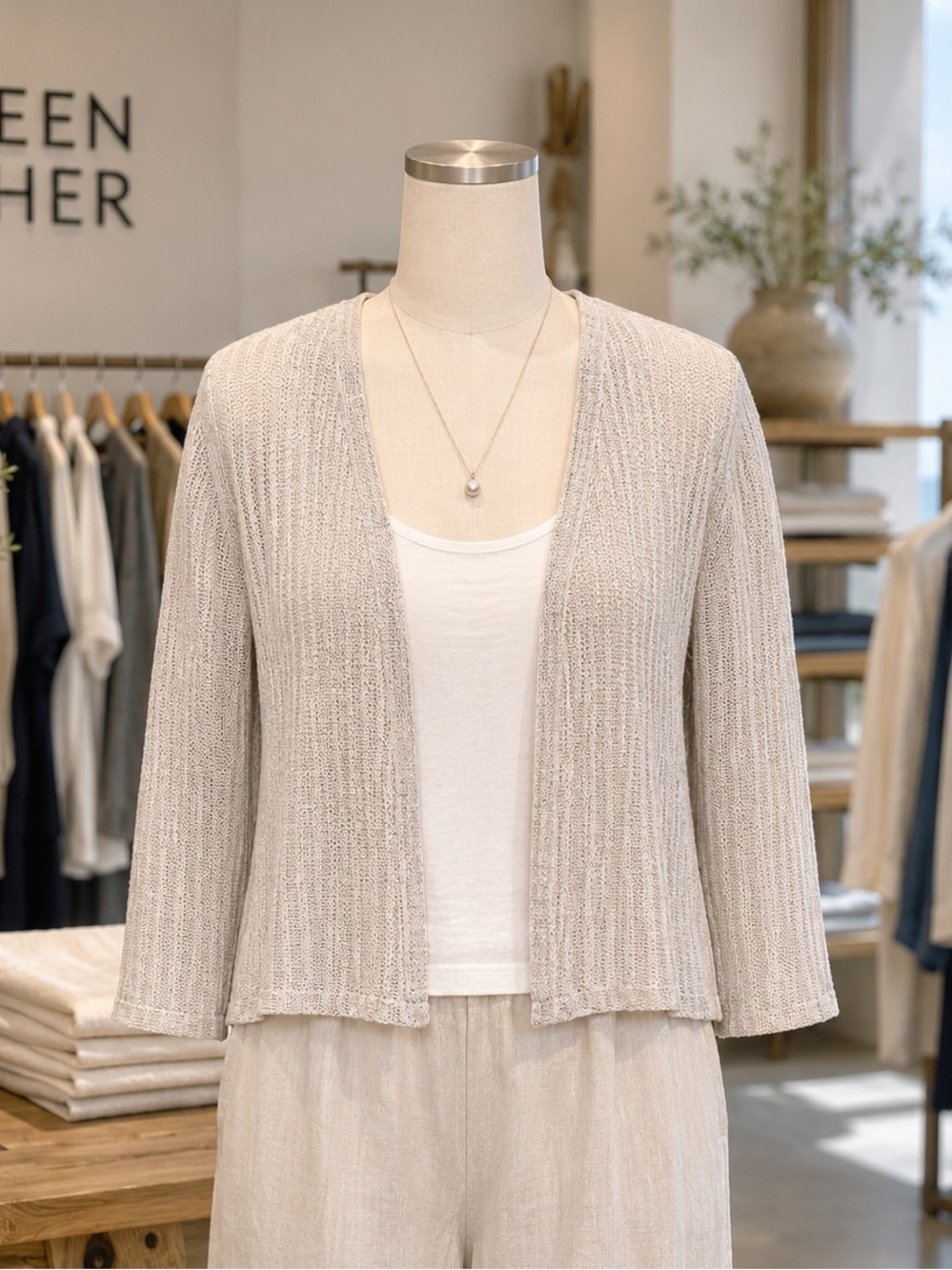 Eileen Fisher Light Beige Open-Front Knit Cardigan